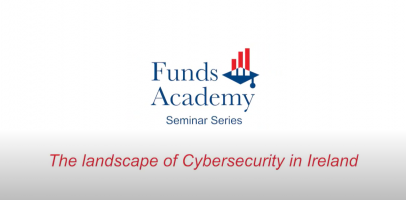 A white background with the Funds Academy logo as the focal point, with a subheading of "The landscape of cybersecurity in ireland".